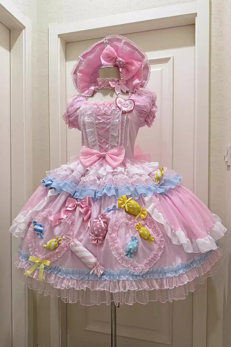 Candy Party Short-Sleeve Multi-Layer Ruffle Bow Lace-Up Lolita Dress