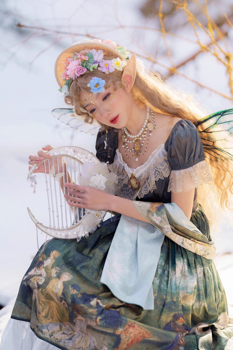 Emerald Short Sleeve Forest Dance Print Ruffle Elegant Sweet Lolita Dress
