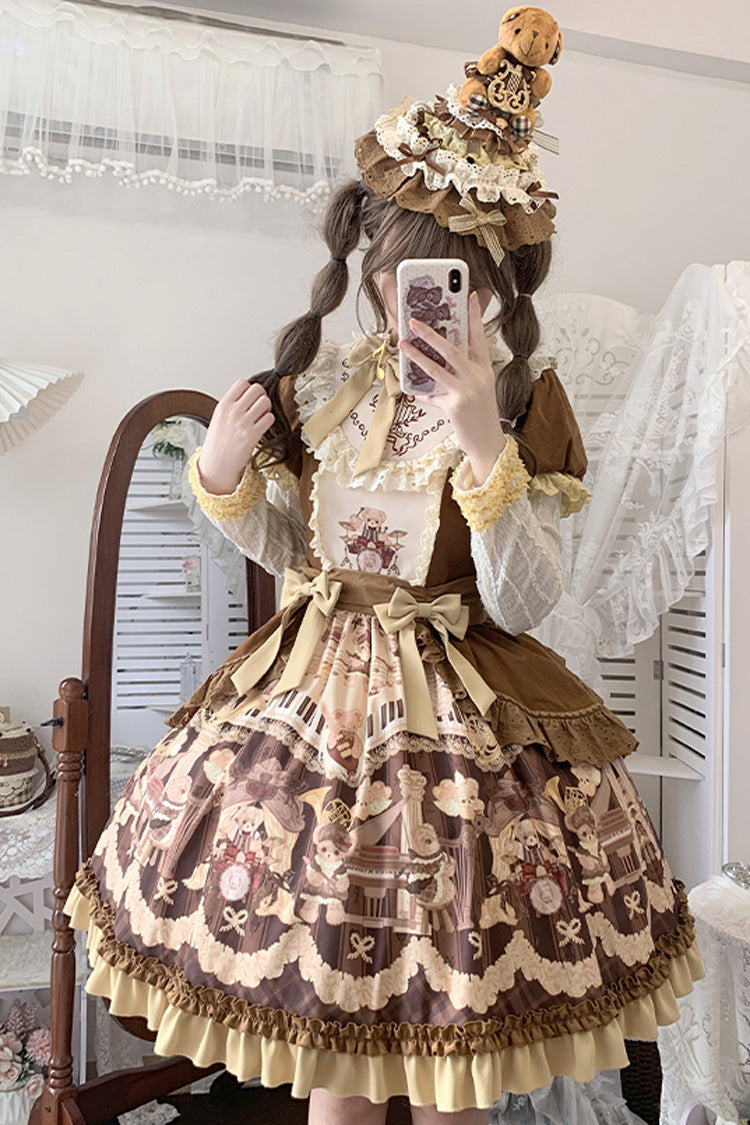 Chocolate Print Ruffle Bow Princess Dress - Little Bear Concerto