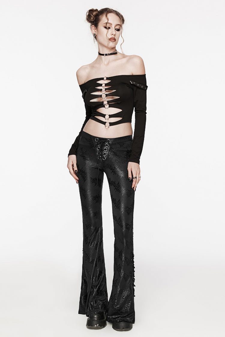 Low-Rise Thorn Print Lace-Up Steampunk Flared Trousers - 2 Tones