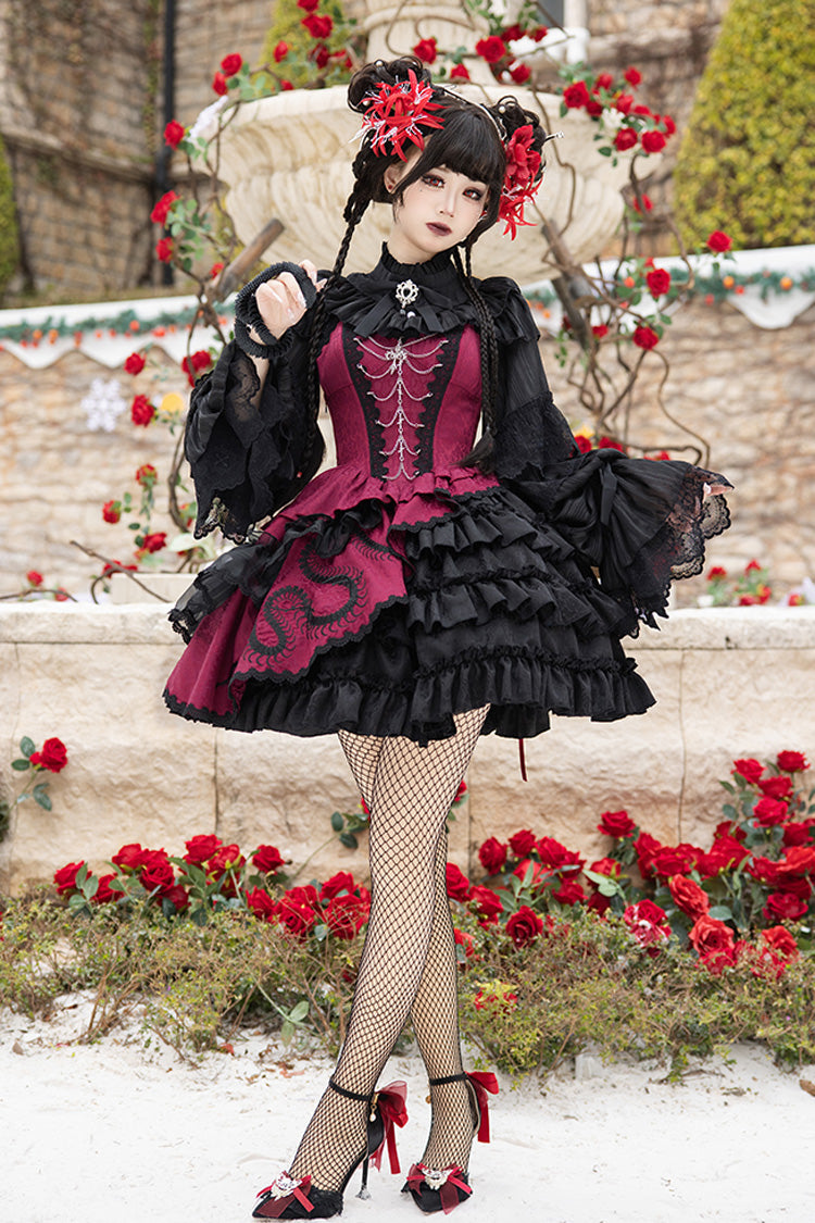Crimson & Noir Multi-Layer Ruffled Bow Lace Asymmetric Gothic Lolita JSK Dress