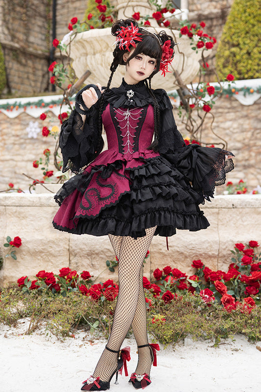 Crimson & Noir Multi-Layer Ruffled Bow Lace Asymmetric Gothic Lolita JSK Dress