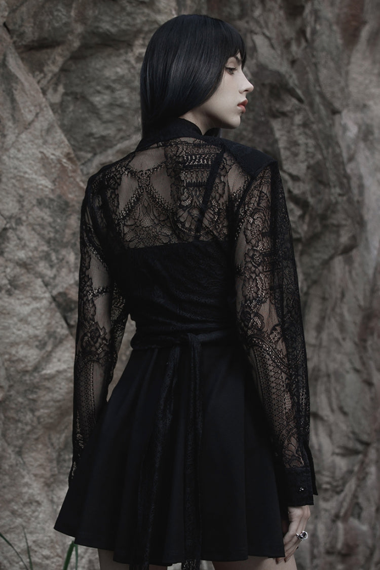 Women's Gothic Shirt with Embroidery and Lace, Long-Sleeve Print Top