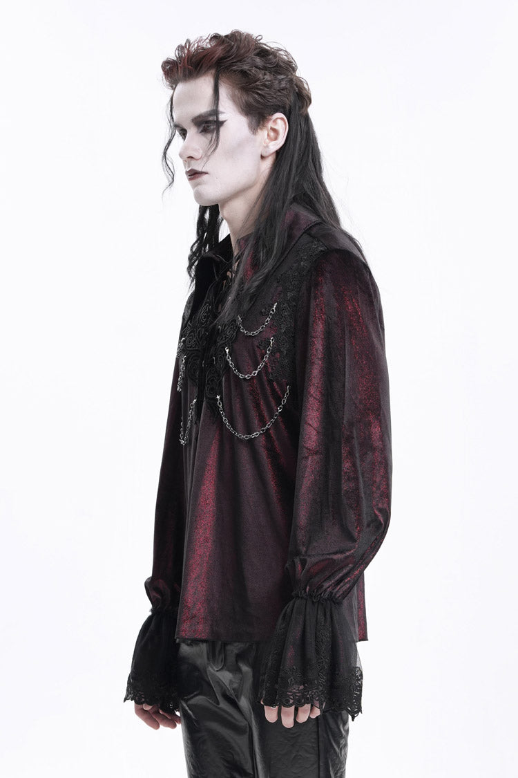 Burgundy V-Neck Long Sleeve Lace-Up Chain Gothic Men's Blouse