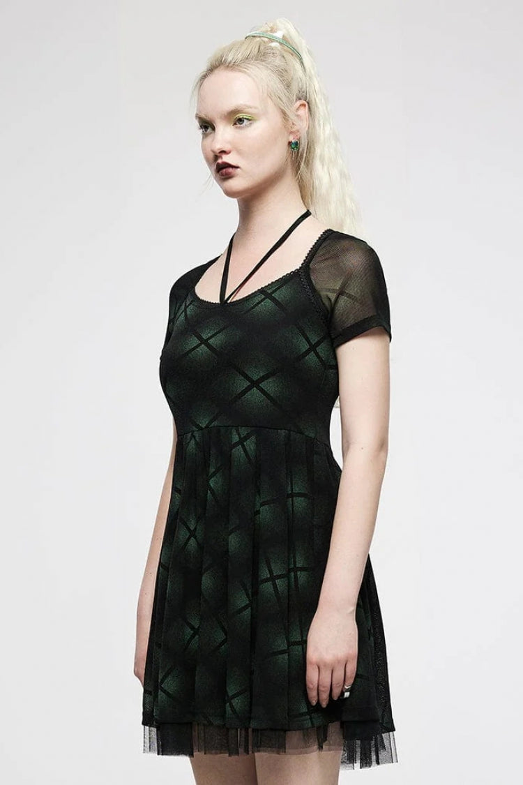 Emerald Short Sleeve Plaid Print Stitched Mesh Punk Dress for Women