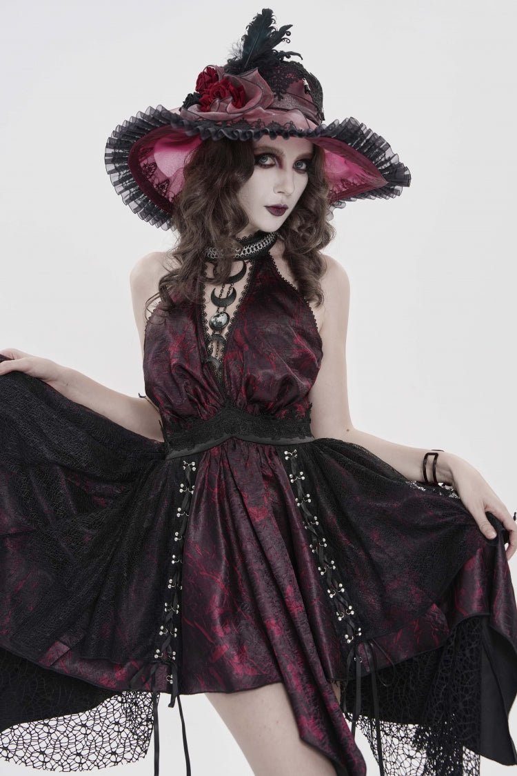Crimson & Noir Strapless Layered Lace Tassel Gothic Dress with Print
