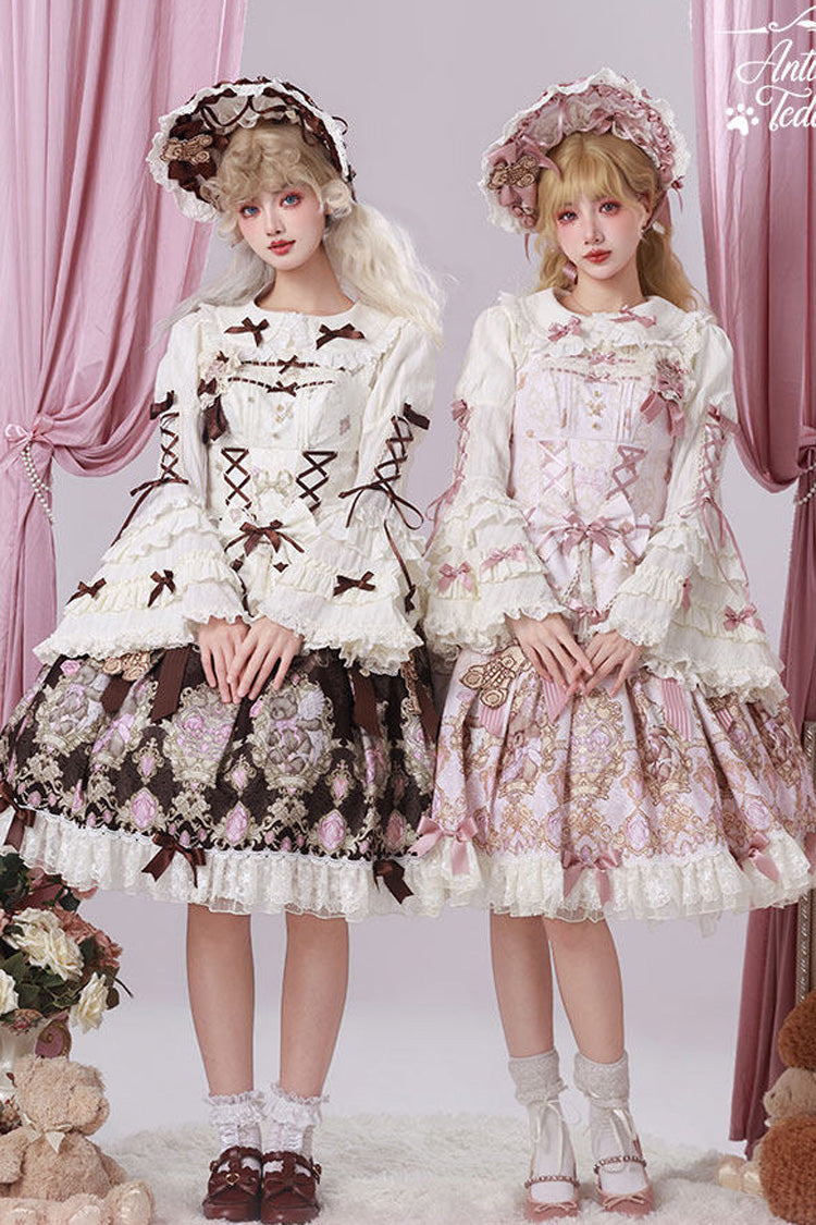 Antique Teddy Bear Sleeveless Printed Bow Lace JSK, Sweet Elegant Lolita