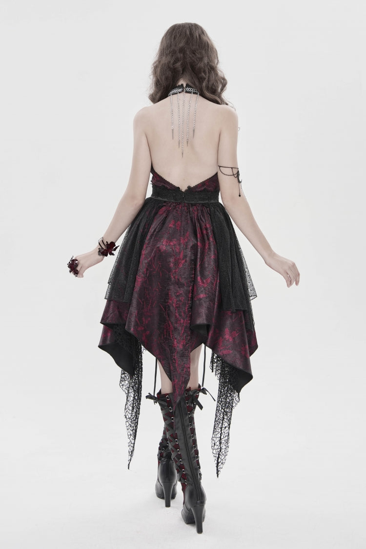 Crimson & Noir Strapless Layered Lace Tassel Gothic Dress with Print