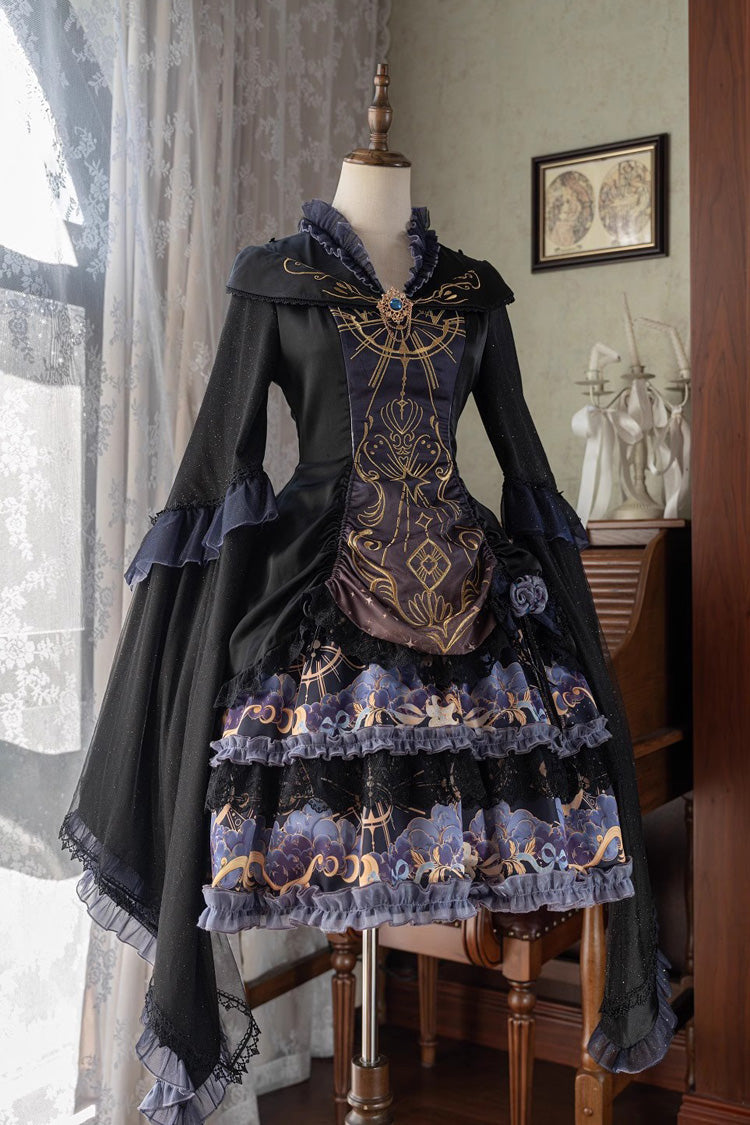 Double-Layered Print Ruffle Lace Gothic Dress - Astrology Cat