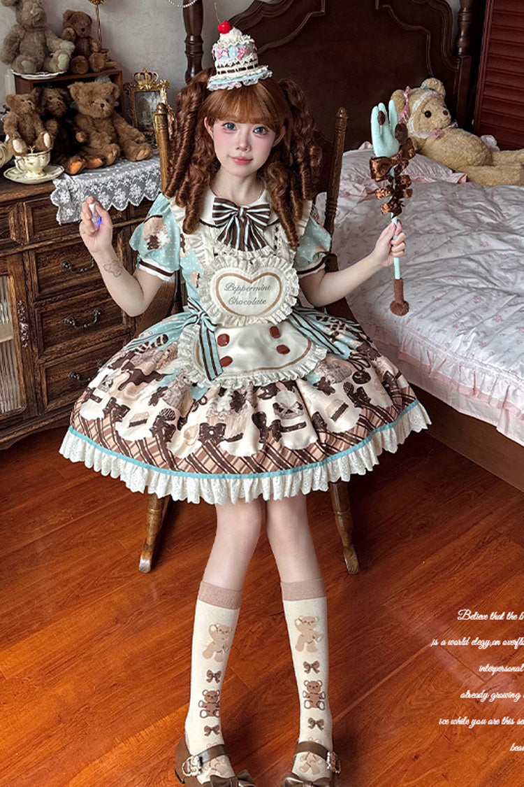 Sweet Lolita Dress with Chocolate Cake Bear Print and Lace-Up