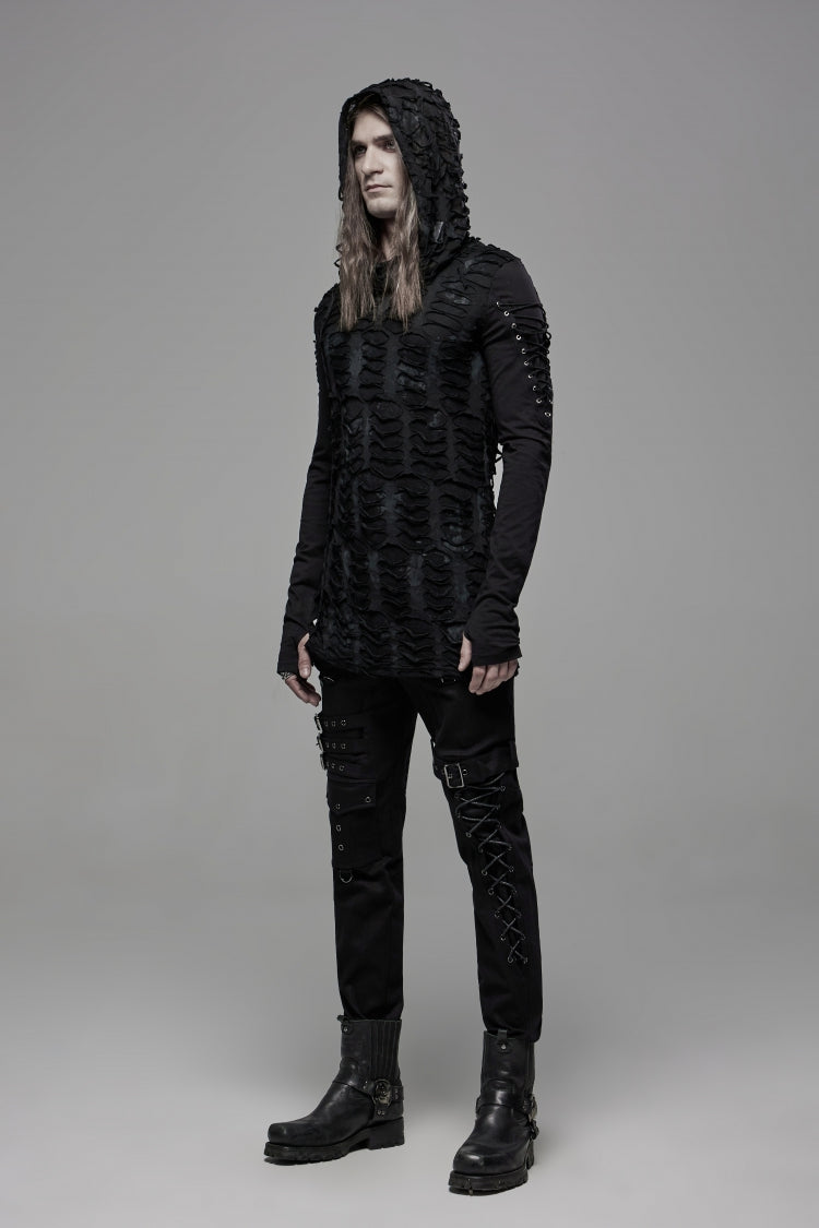 Gothic Cool Tee for Men with Lace-Up, Hood, Rips, and Pleats, Extended Sleeves