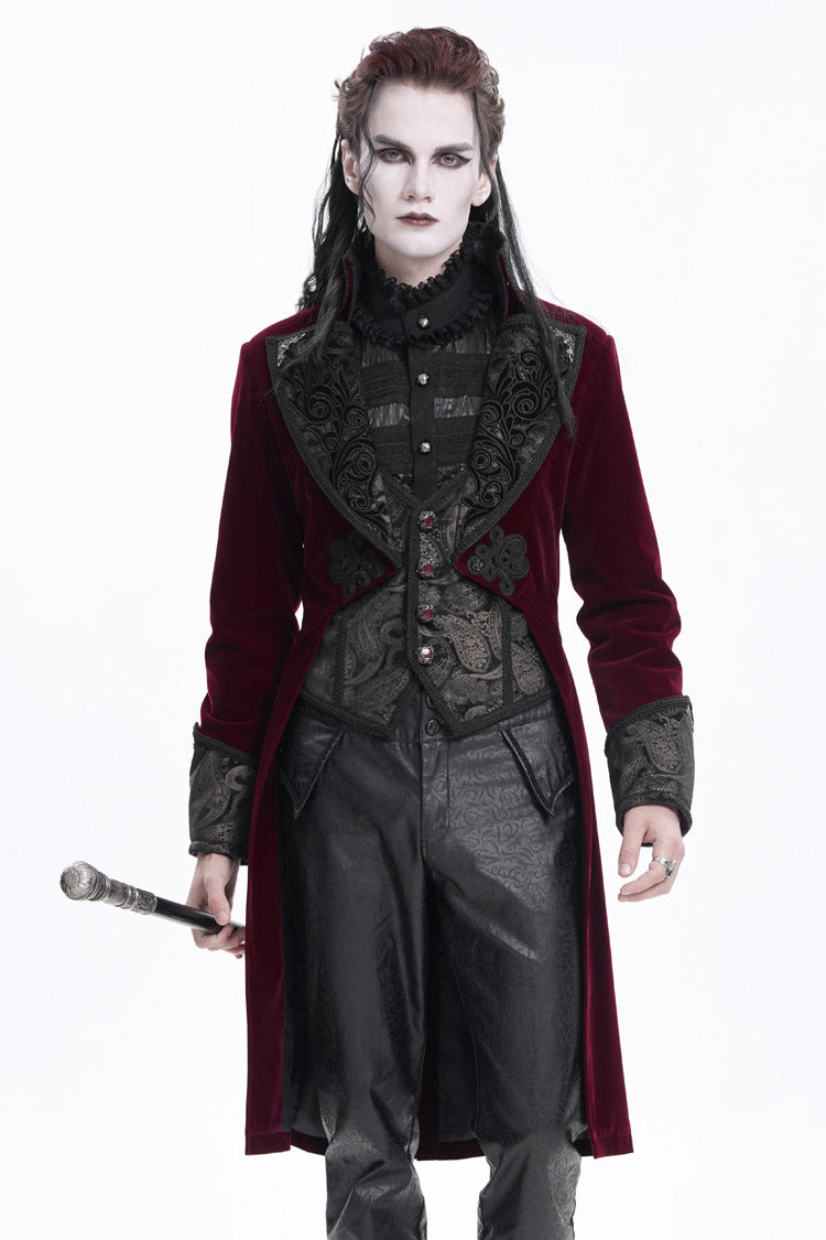 Burgundy Long Sleeve Button Floral Embroidery Gothic Men's Jacket