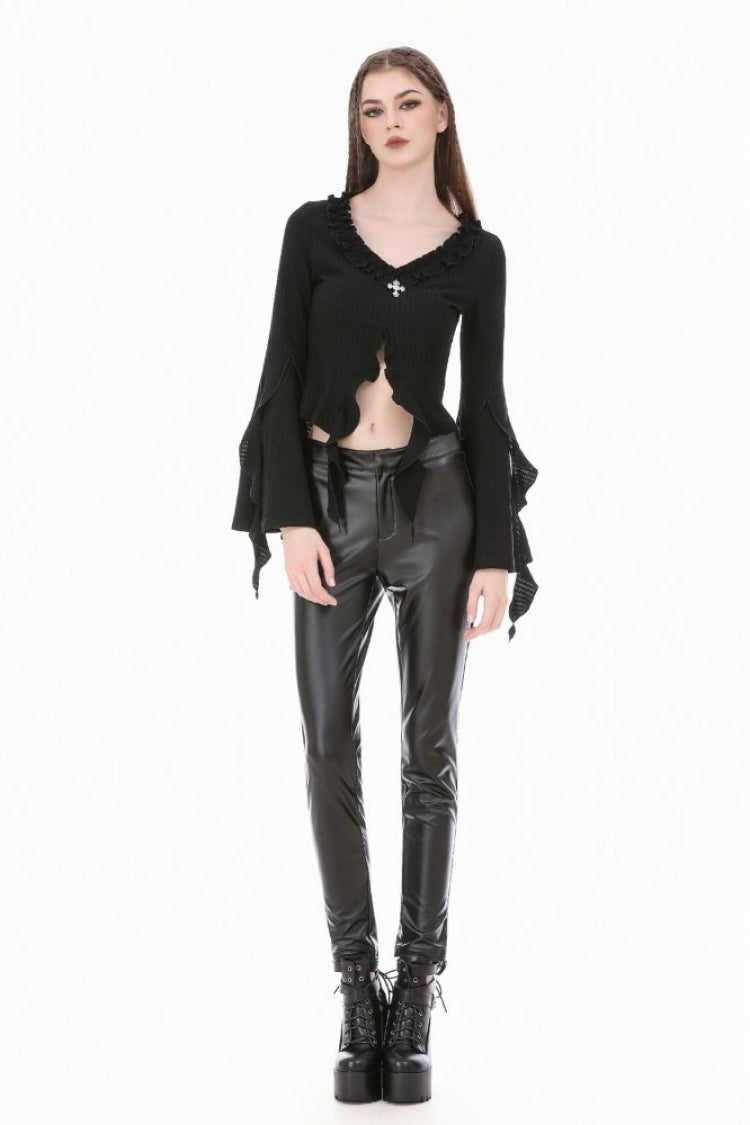 Women's Gothic Crop Top with Ruffled V-Neck, Split Trumpet Sleeves and Streamer