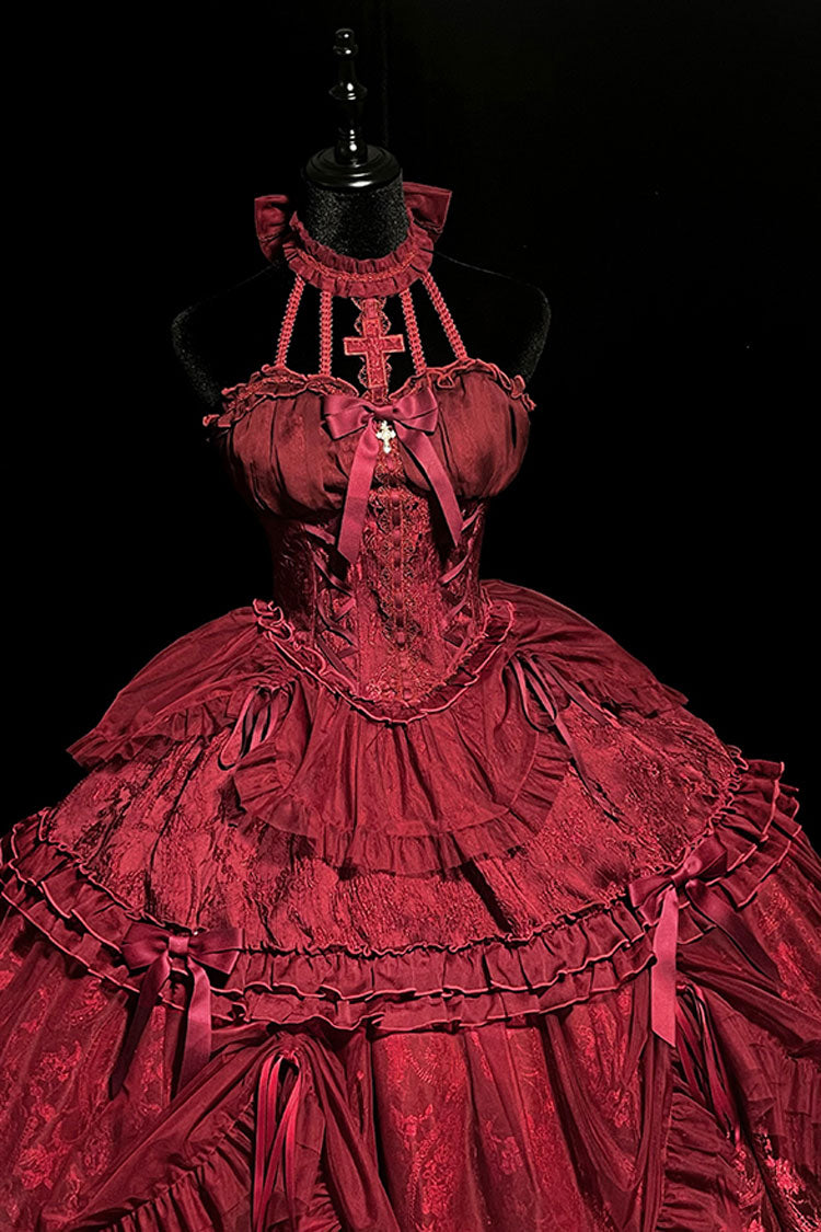Burgundy Cross-Strap Bow Lace Princess Gothic Lolita Gown