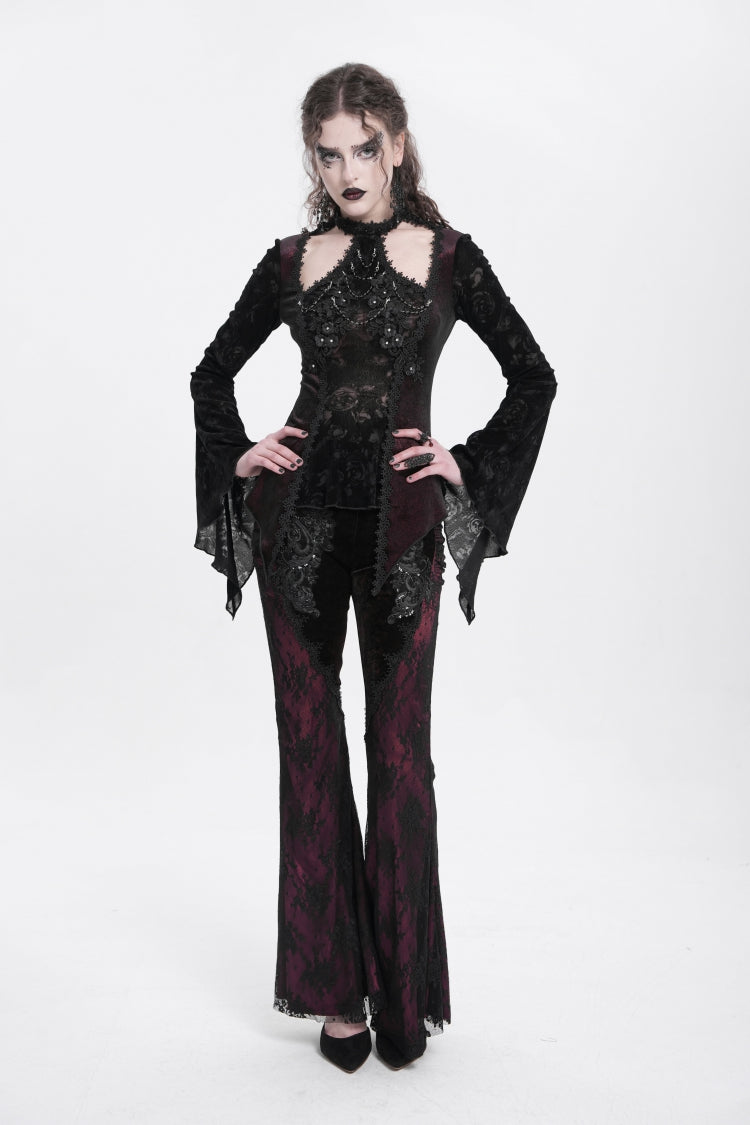 Crimson Gothic Blouse with Jacquard Cutout and Trumpet Sleeves
