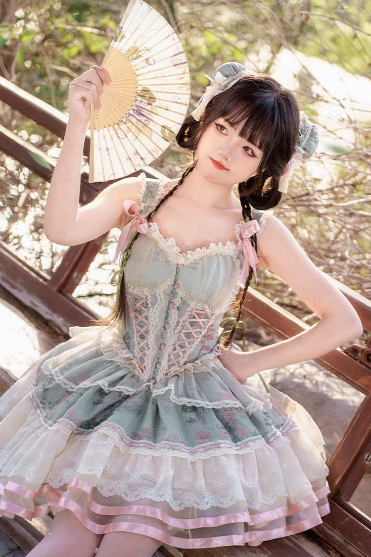 Emerald Waltz Multi-Layer Print Ruffle Bow Sweet Chinese Elegant Lolita Jumper