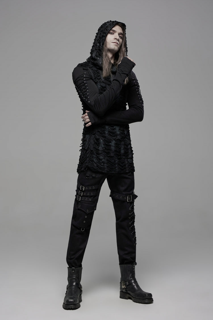 Gothic Cool Tee for Men with Lace-Up, Hood, Rips, and Pleats, Extended Sleeves
