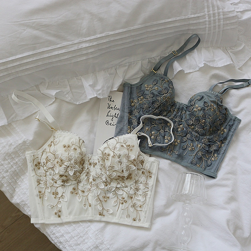 Floral Embroidered Bustier - angelcore, bralette, bustier, bustiers, cami