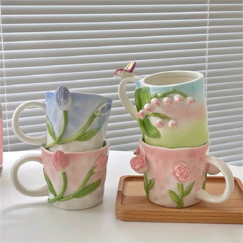 Floral handpainted mugs - angelcore - angelic - bottles - cup - cups