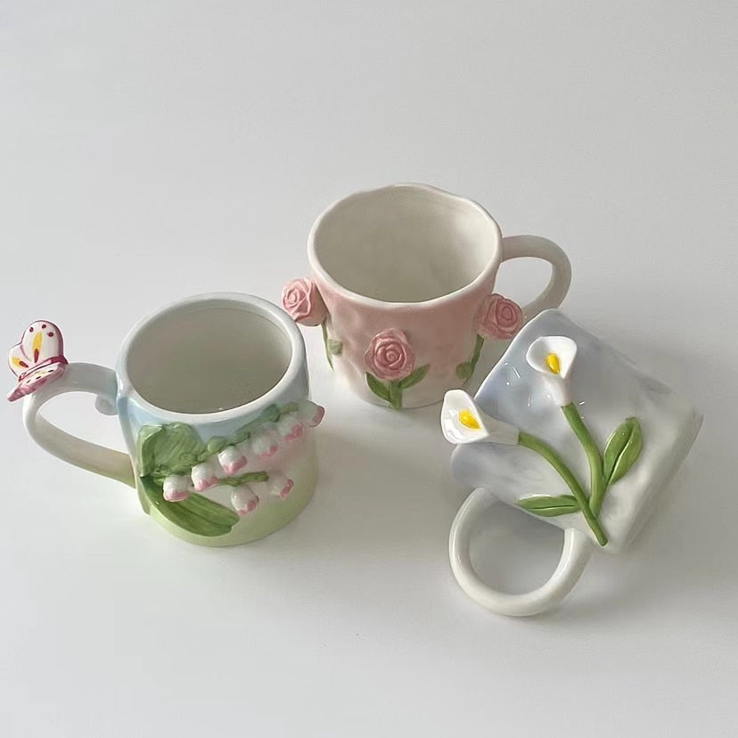 Floral handpainted mugs - angelcore - angelic - bottles - cup - cups