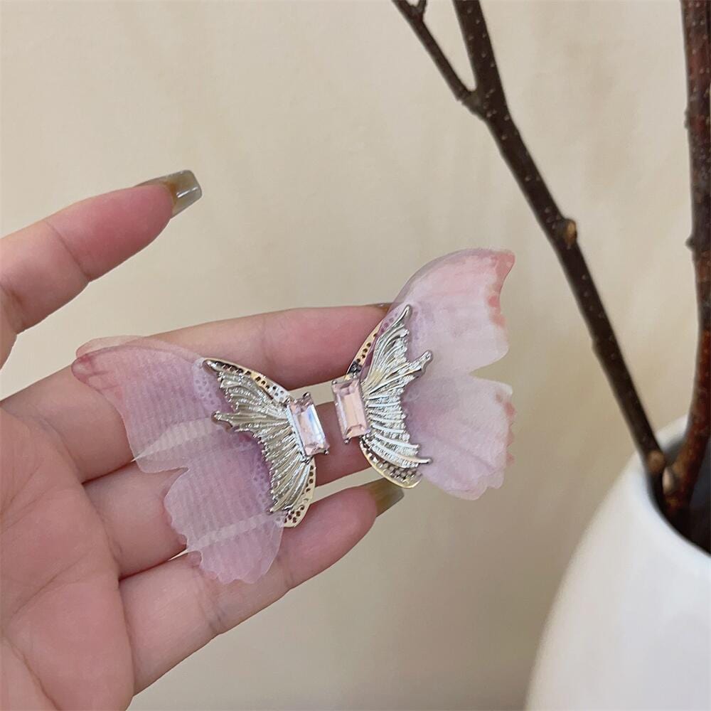 Forest Style Rhinestone Inlaid Chiffon Butterfly Stud Earrings