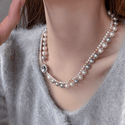 French Style Layered Square Charm Pearl Chain Necklace Bracelet