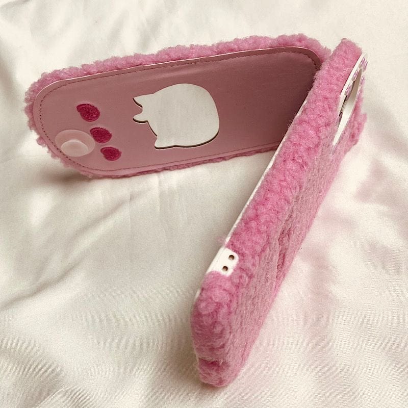 Furry Embroidery Kitty Mirror Flip iPhone Case