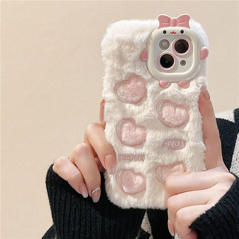 Fuzzy heart imprinted iphone case - bows - fluffy - furry - heart - hearts