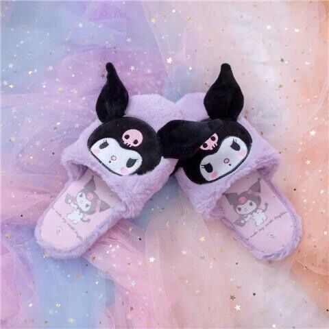 Fuzzy Kuromi Slippers - baby bunny, bunnies, bunny rabbit, shoes, cinnamoroll