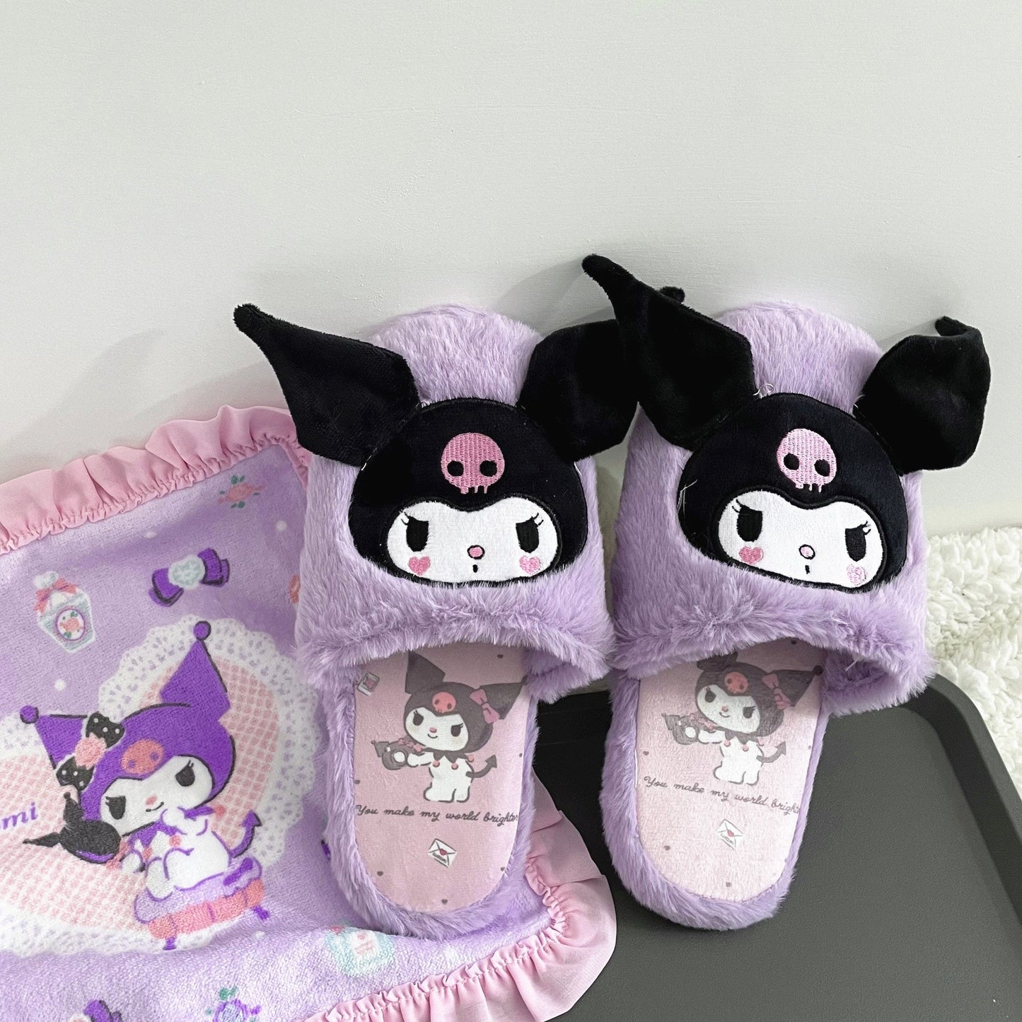 Fuzzy Kuromi Slippers - baby bunny, bunnies, bunny rabbit, shoes, cinnamoroll