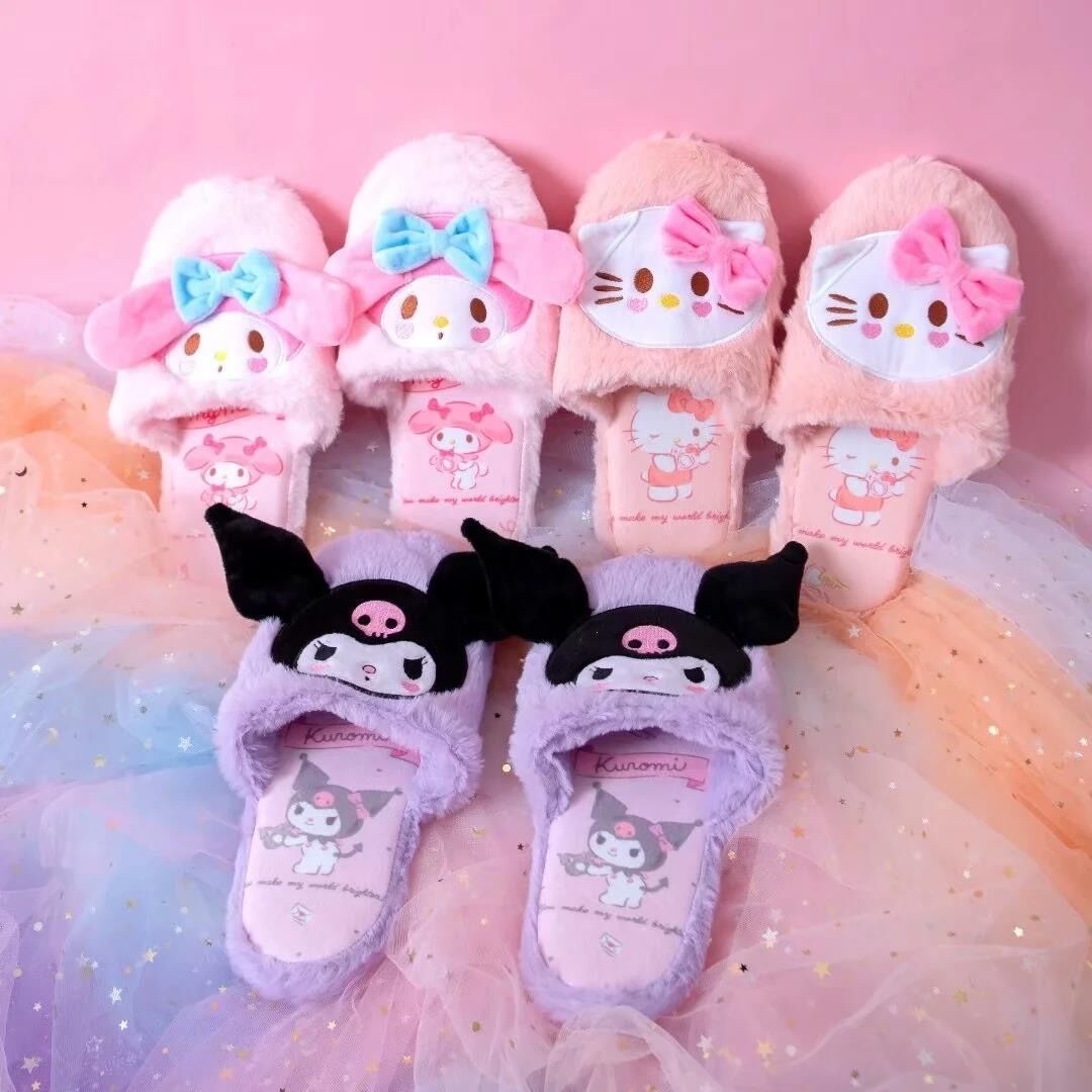 Fuzzy Kuromi Slippers - baby bunny, bunnies, bunny rabbit, shoes, cinnamoroll