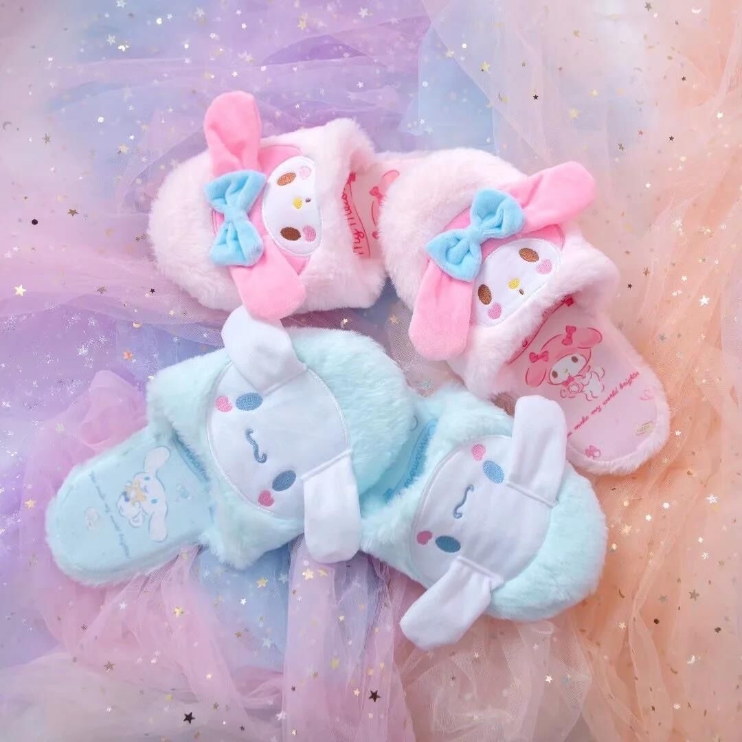 Fuzzy Kuromi Slippers - baby bunny, bunnies, bunny rabbit, shoes, cinnamoroll