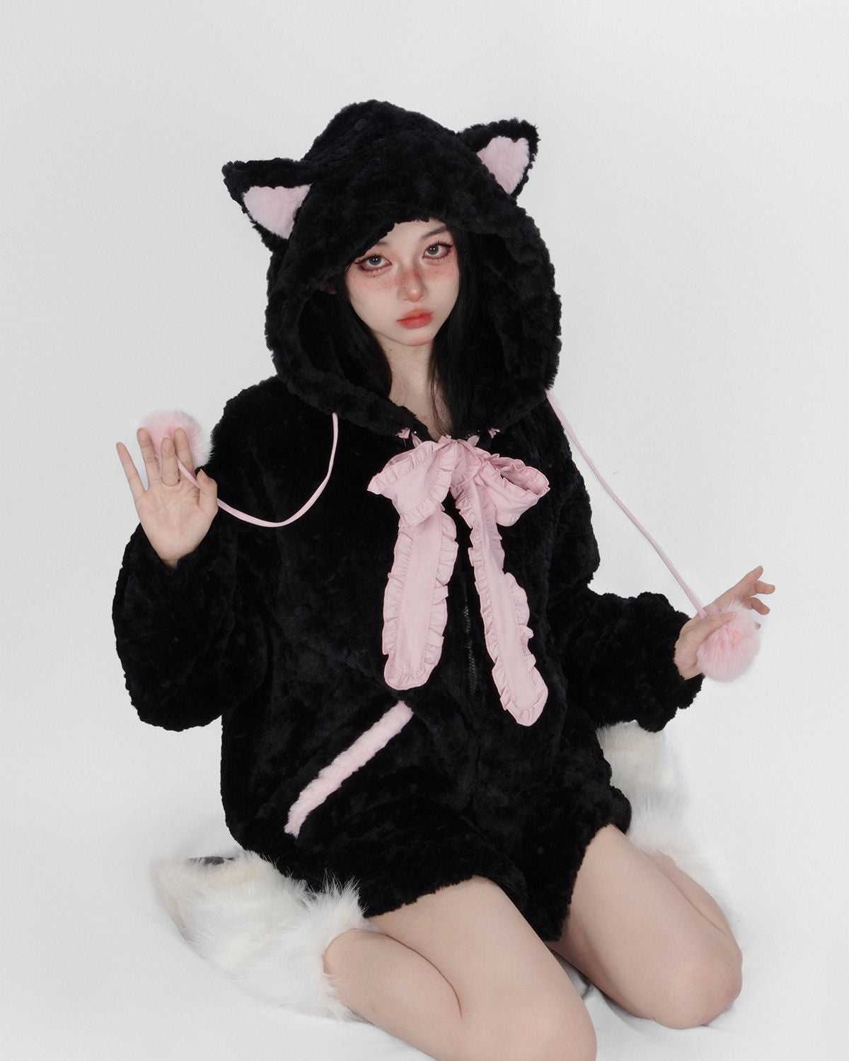 Fuzzy neko pompom hooded coat - cat hoodie - sweater - high tops - hooded -