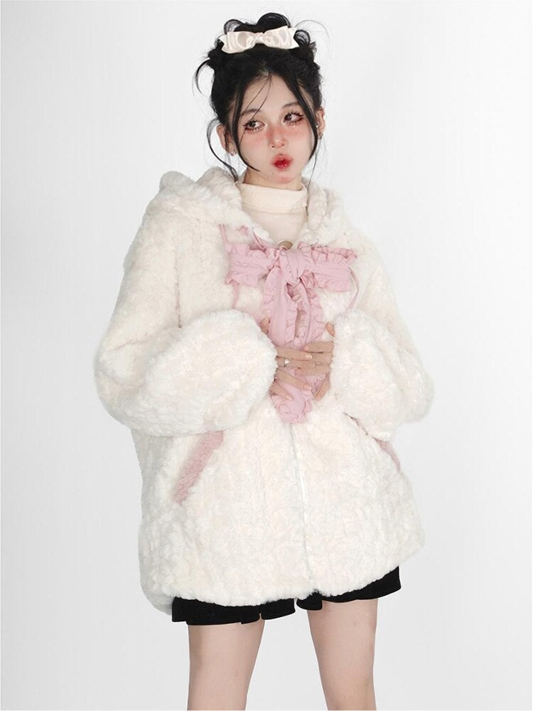 Fuzzy neko pompom hooded coat - cat hoodie - sweater - high tops - hooded -