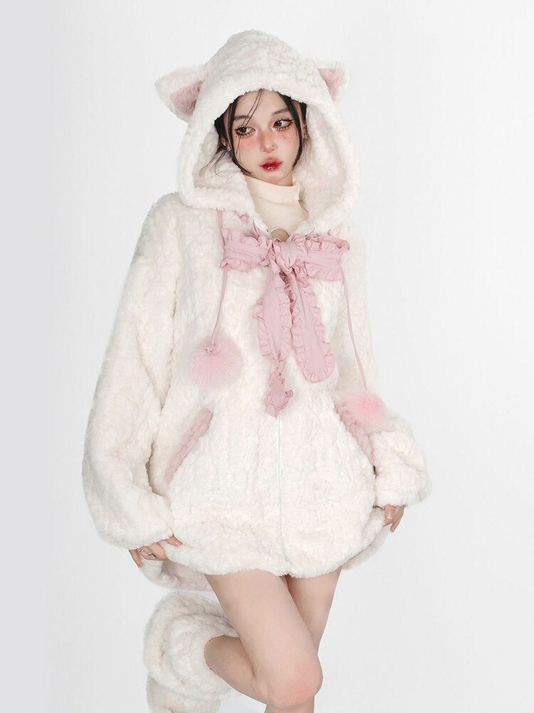 Fuzzy neko pompom hooded coat - cat hoodie - sweater - high tops - hooded -