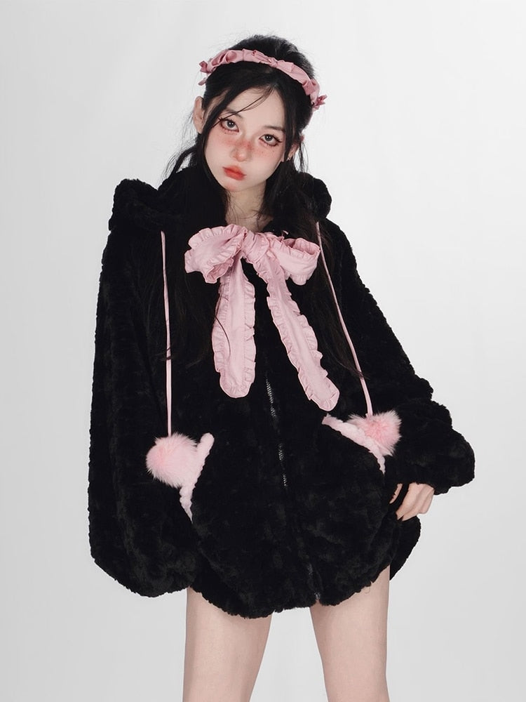 Fuzzy neko pompom hooded coat - cat hoodie - sweater - high tops - hooded -