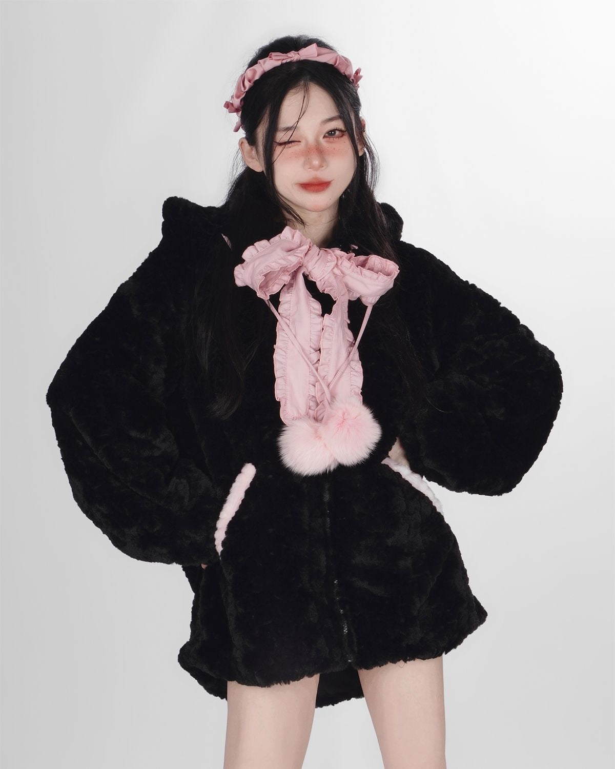 Fuzzy neko pompom hooded coat - cat hoodie - sweater - high tops - hooded -