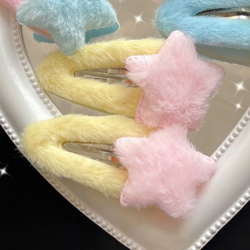 Fuzzy Star Hair Clips - barette, barettes, clips, furry, hair clip Kawaii Babe
