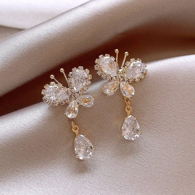 Glitter Rhinestone Dangle CZ Butterfly Earrings