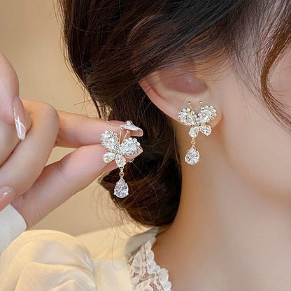 Glitter Rhinestone Dangle CZ Butterfly Earrings