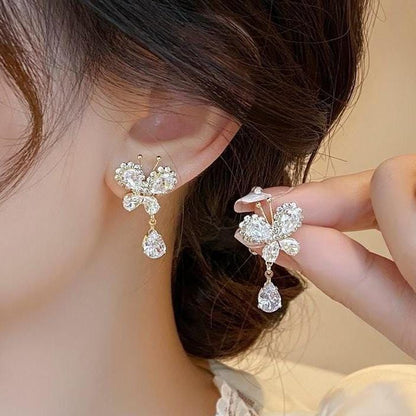 Glitter Rhinestone Dangle CZ Butterfly Earrings