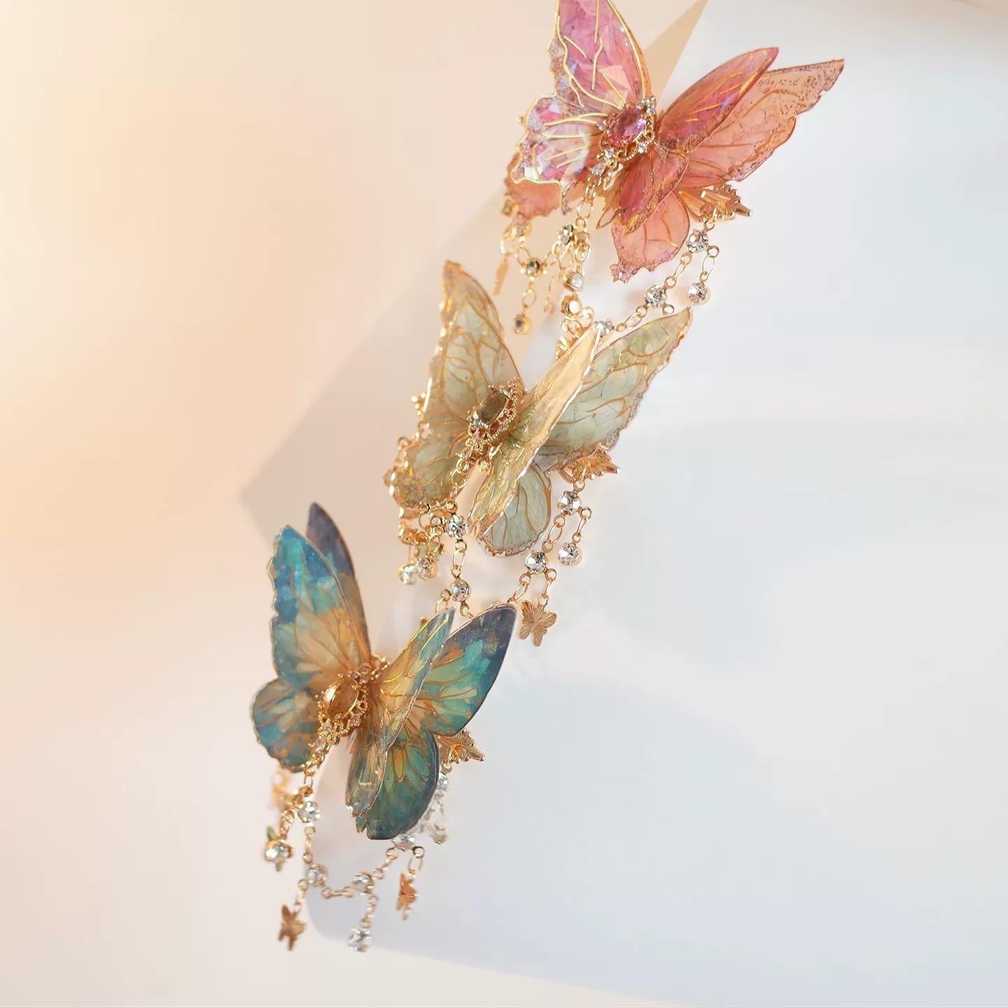 Double-Layer Gradient Tassel Butterfly Resin Clip Hair Rhinestone