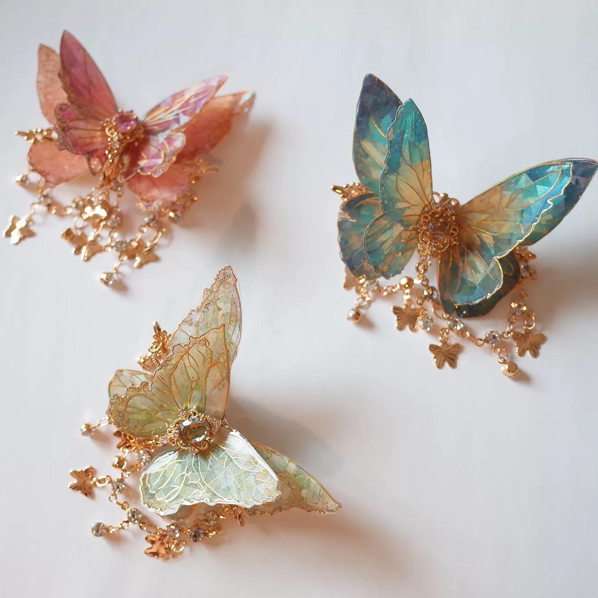Double-Layer Gradient Tassel Butterfly Resin Clip Hair Rhinestone