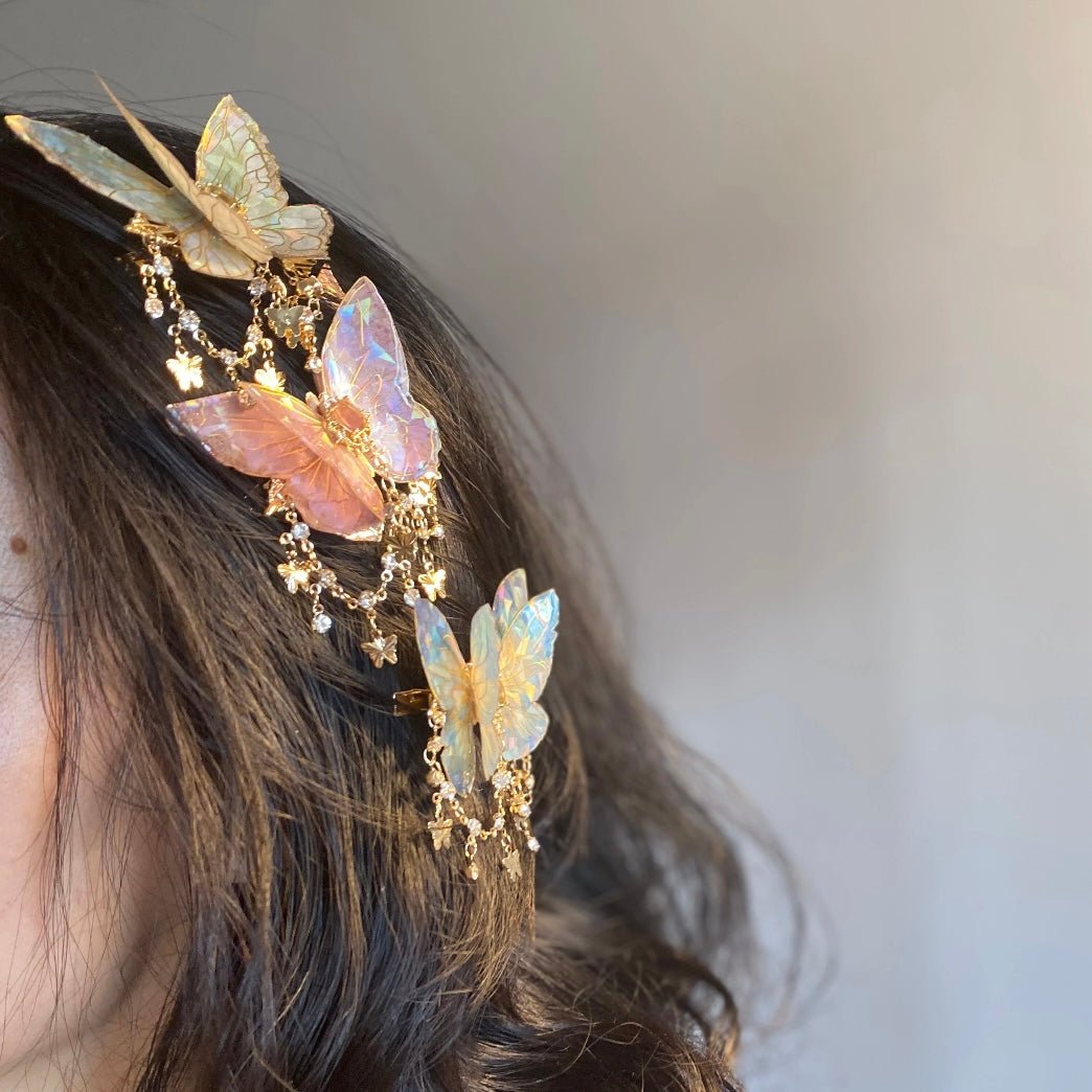 Double-Layer Gradient Tassel Butterfly Resin Clip Hair Rhinestone