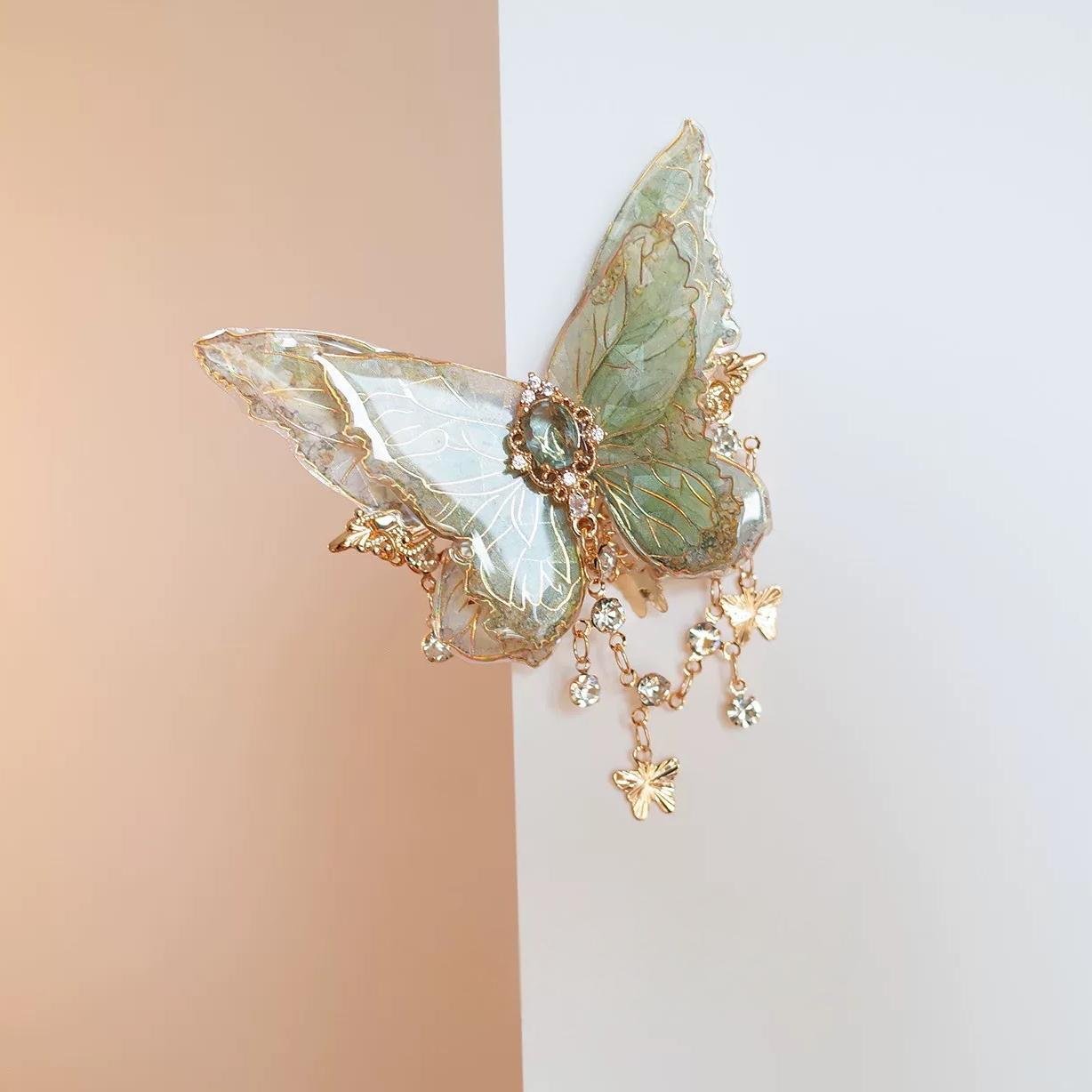 Double-Layer Gradient Tassel Butterfly Resin Clip Hair Rhinestone