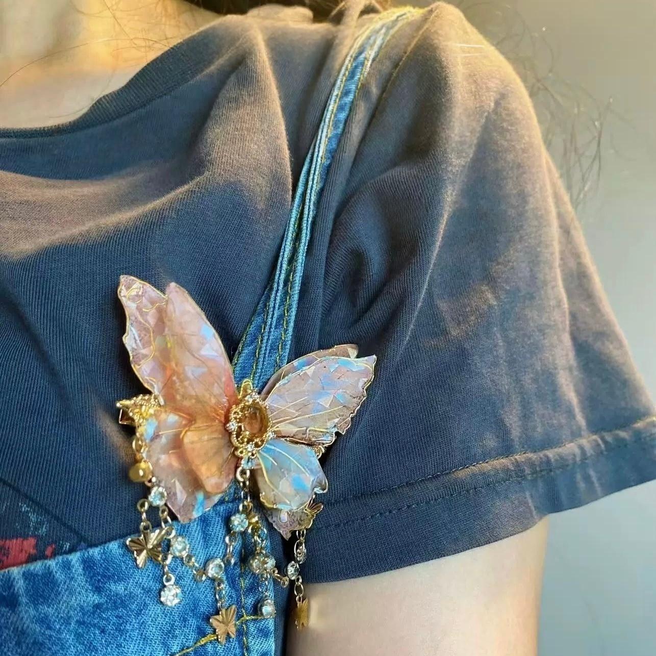 Double-Layer Gradient Tassel Butterfly Resin Clip Hair Rhinestone