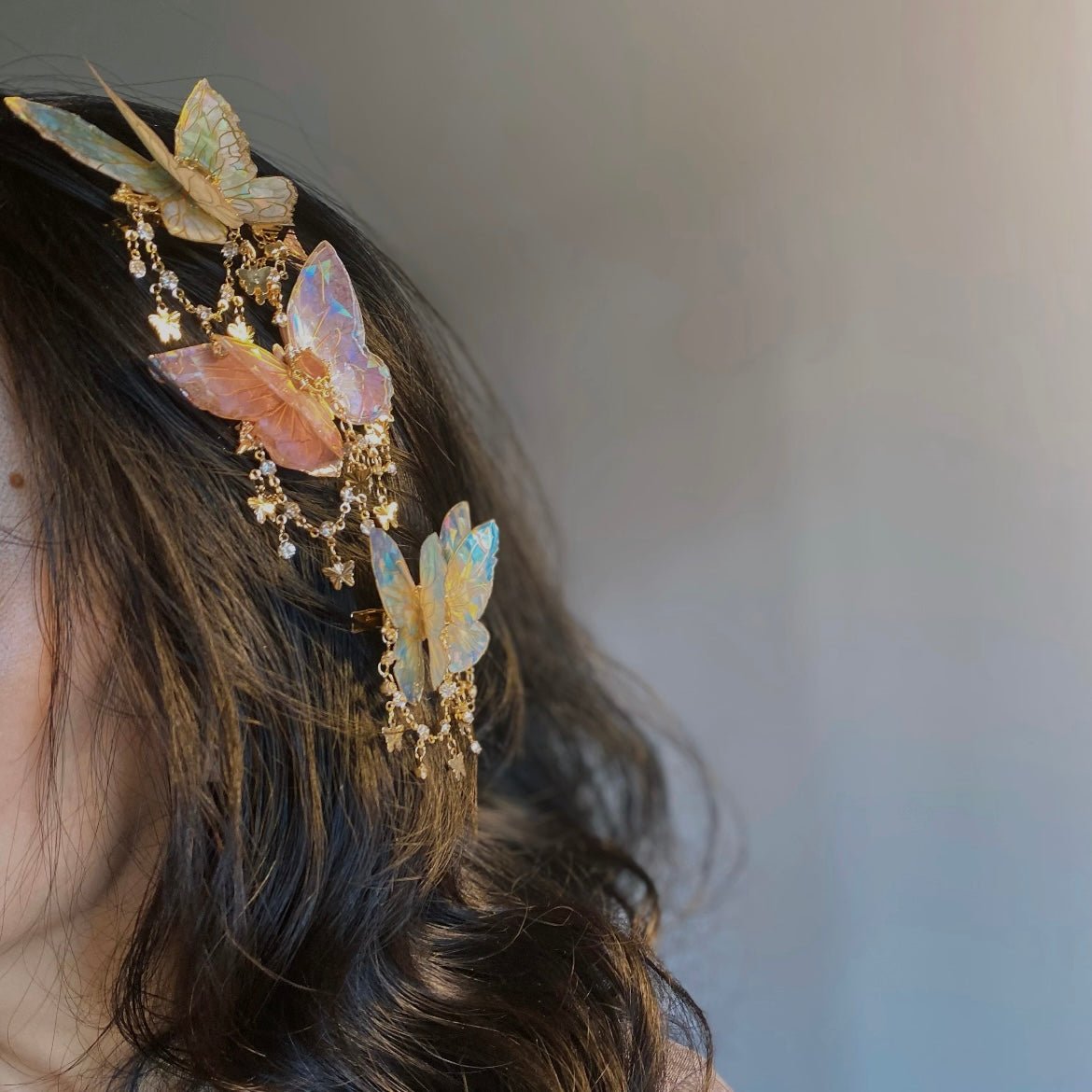 Double-Layer Gradient Tassel Butterfly Resin Clip Hair Rhinestone