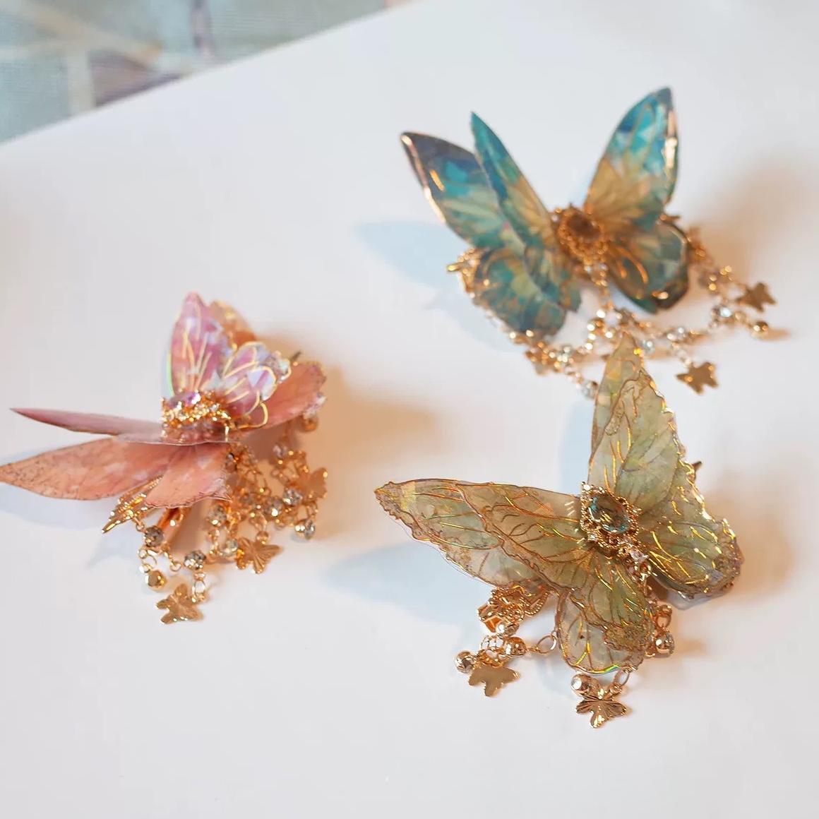 Double-Layer Gradient Tassel Butterfly Resin Clip Hair Rhinestone