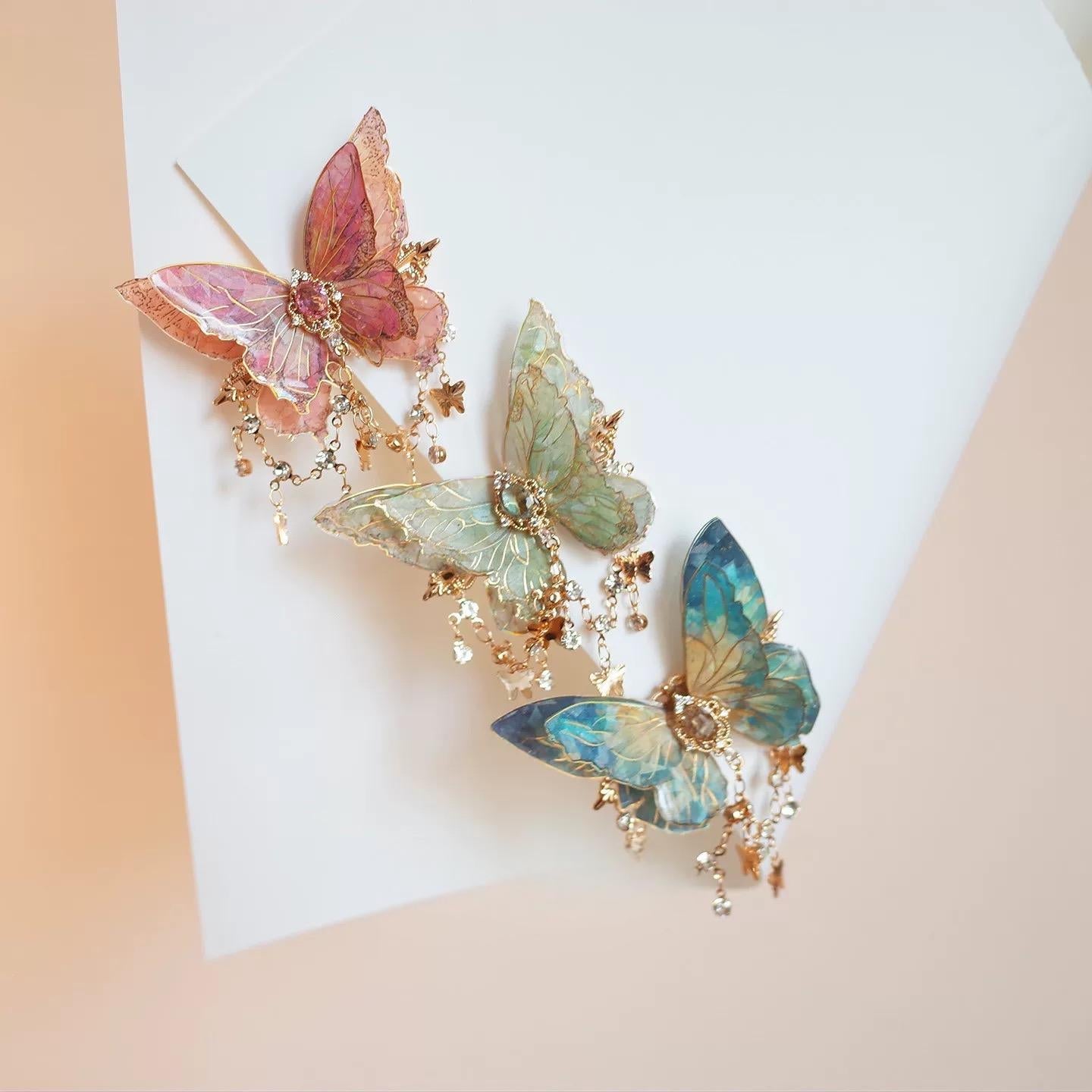 Double-Layer Gradient Tassel Butterfly Resin Clip Hair Rhinestone