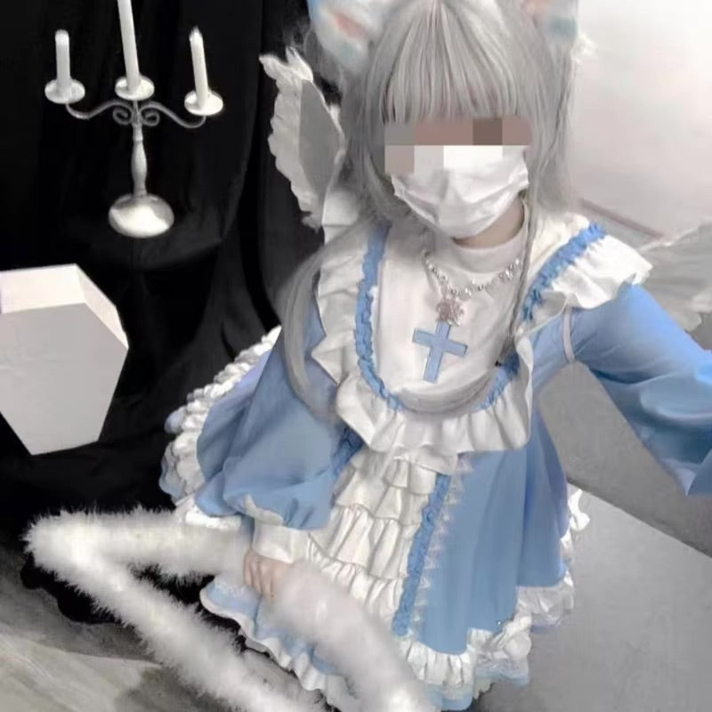 Hail mary ruffled blue dress - blue - cross - dress - kawaii - lace